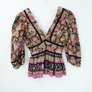 Love The Label Blouse‎ Womens Small Multicolor Puff Sleeve Babydoll Smocked